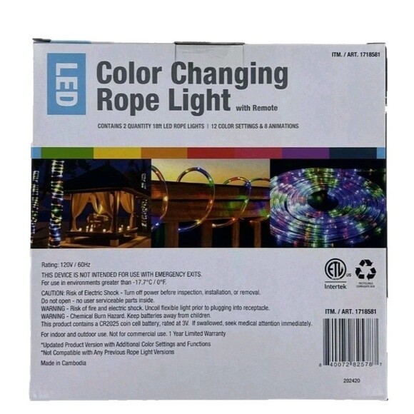 Color Changing LED Rope Light with Remote/ 18 Foot/2-Pack/ 12 Color Settings/New - Picture 2 of 3